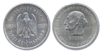 Dt.Reich Münze, 3 RM 100. Tdstg. Freiherr von Stein