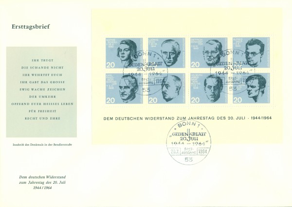 BRD FDC Bl. 3 MiNr.431/38 20. Jahrestag des 20. Juli 1944