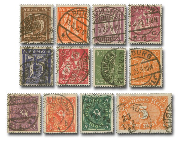 Dt. Reich MiNr. 180, 182-87, 189, 191-94 o FM "Ziffern", 184+186 gepr., 12 Werte