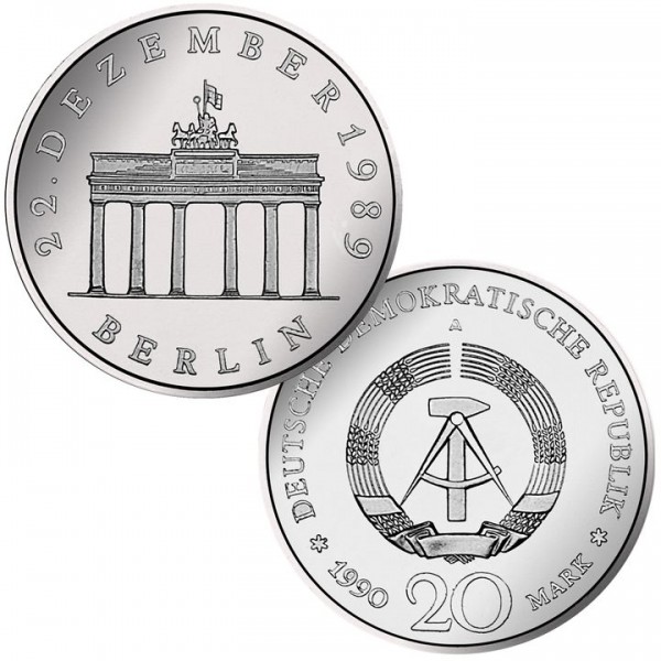 DDR Münze 1990, 20 M, CuNi/st Öffnung Brandenburger Tor