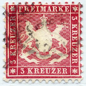 Württemberg MiNr. 26a o 3 Kreuzer, karminrot, K10