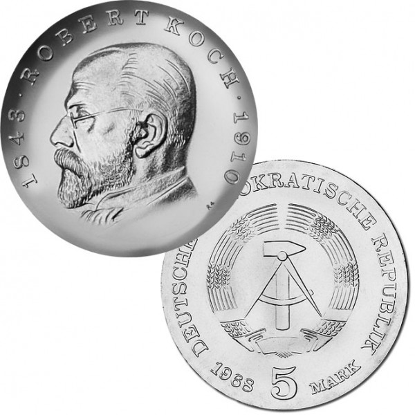 DDR Münze 1968, 5 M, st 125. Geburtstag Robert Koch