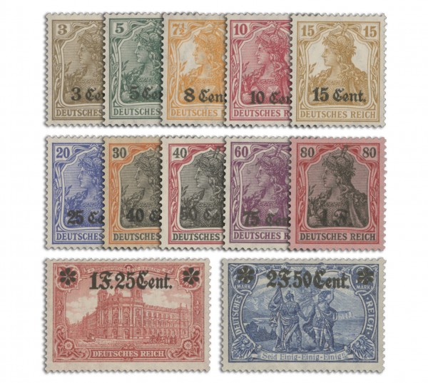 Dt. Besetzung Etappe-West MiNr. 1/12 ** Germania m. Aufdruck, 12 Werte