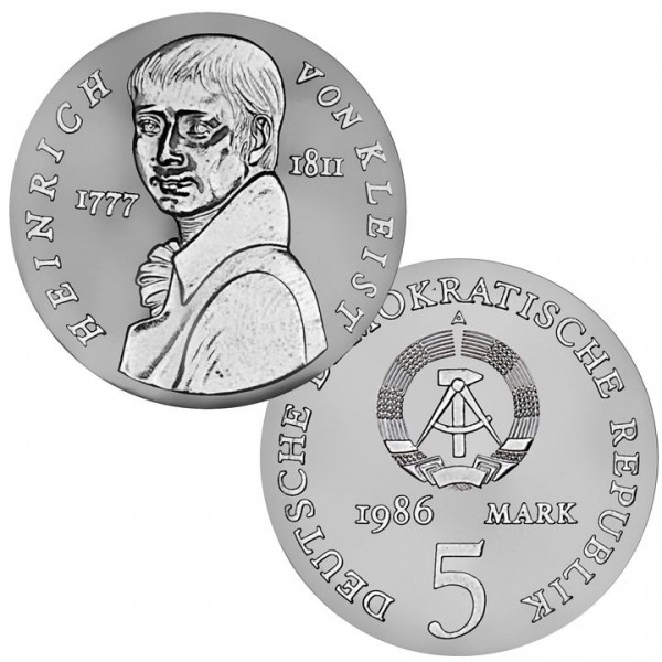 DDR Münze 1986, 5 M, st 175. Todestag Heinrich v. Kleist