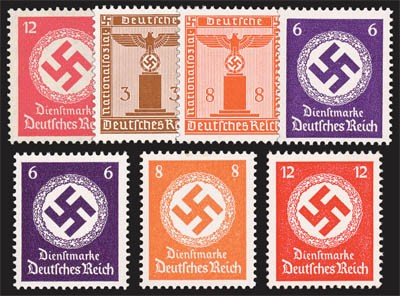 Dt. Reich Dienst 7 Farbvarianten ** MiNr. 138b,156y,160y,169b,169c,170b,172a