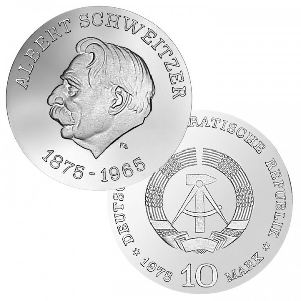 DDR Münze 1975, 10 M, st 100. Geburtstag A. Schweitzer