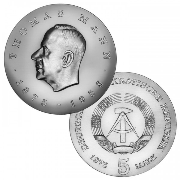 DDR Münze 1975, 5 M, st 100. Geburtstag Thomas Mann