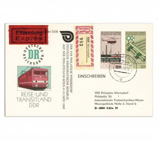 DDR Ganzsache U 3/Z oE echt gel. Einschr./Express 1.35 Eisenbahnwesen 85 (Zudr.Phil.85)