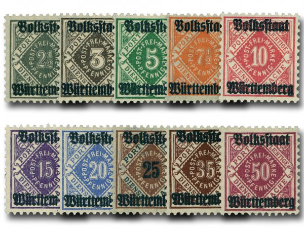 Württemberg Dienstmarken MiNr. 134/43 ** Ziffern in Raute mit Aufdruck