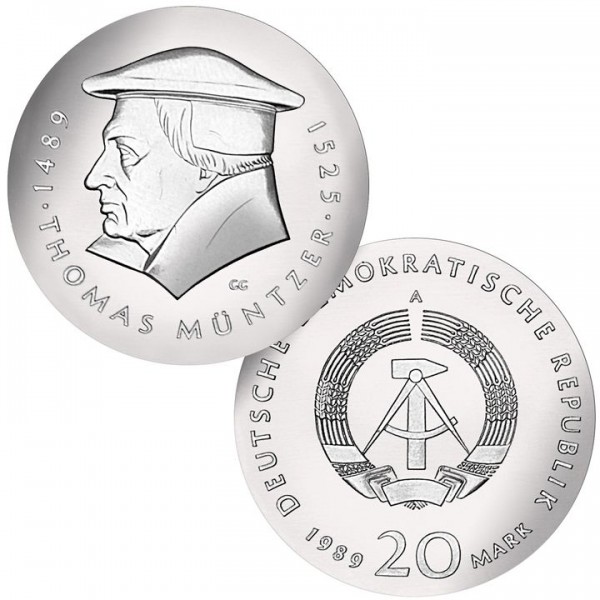 DDR Münze 1989, 20 M, st 500. Geburtstag Thomas Müntzer