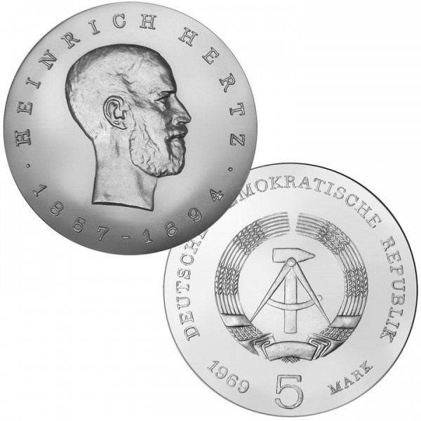 DDR Münze 1969, 5 M, st 75. Todestag Heinrich Hertz