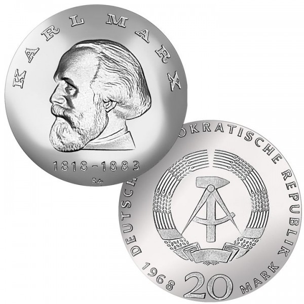 DDR Münze 1968, 20 M, st 150. Geburtstag Karl Marx