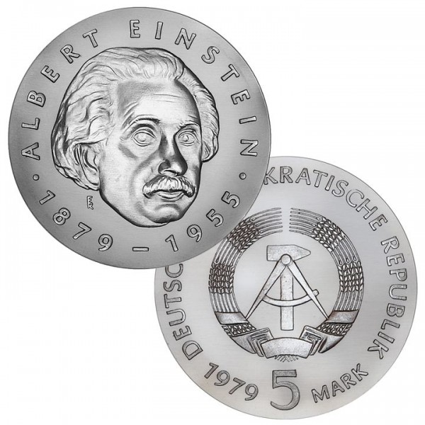 DDR Münze 1979, 5 M, st 100. Geburtstag Albert Einstein