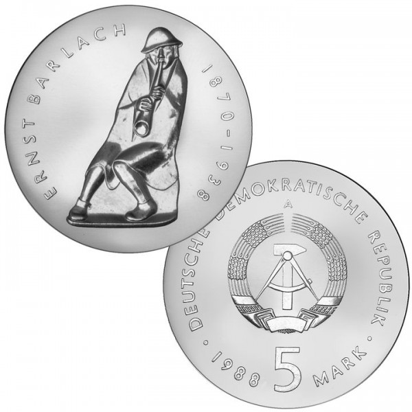 DDR Münze 1988, 5 M, PP 50. Todestag Ernst Barlach