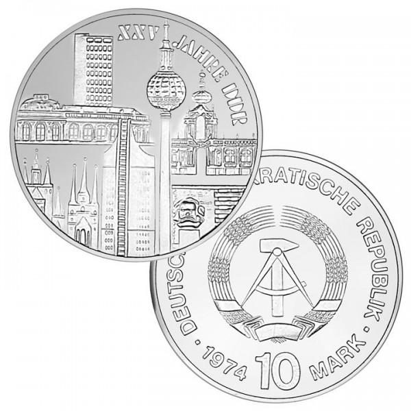 DDR Münze 1974, 10 M, st 25 Jahre DDR (Städtemotiv)