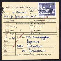 DDR Paketkarte mit MiNr. 1920 80Pf Aufbau i.d. DDR: Rostock-Warnemünde