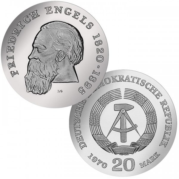 DDR Münze 1970, 20 M, st 150. Geburtstag Friedrich Engels