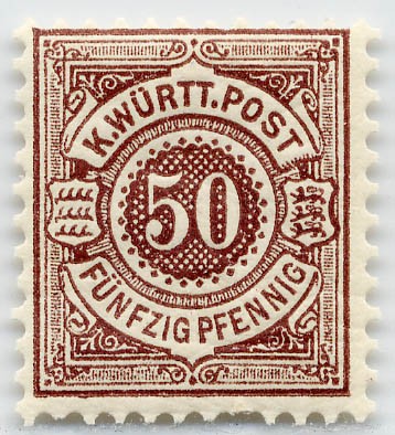 Württemberg MiNr. 59 ** 50 Pf., dunkelbraun, gezähnt