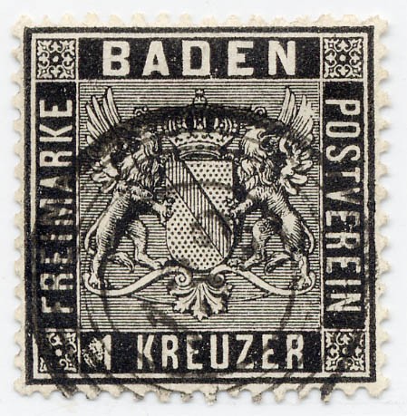 Baden MiNr. 9 o 1 Kreuzer /schwarz / Wappen-gez.
