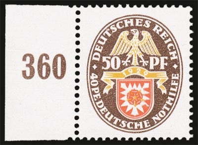 Dt. Reich MiNr. 434 I ** mit Plattenfehler Dt. Nothilfe 1929: Wappenzeichnungen