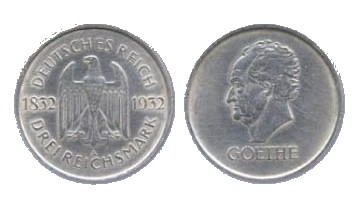 Dt.Reich Münze, 3 RM 100. Todestag. Goethe