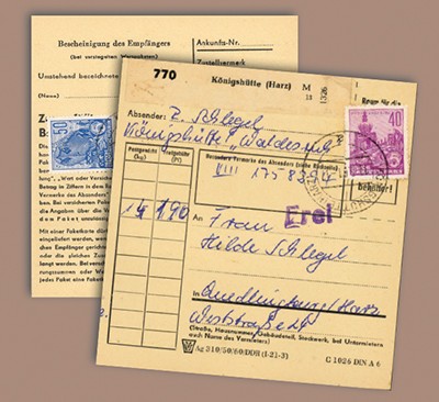 DDR Paketkarte mit Fünfjahrplan-Freimachung Bedarfserhaltung