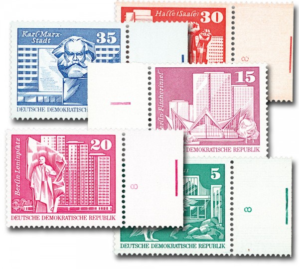 DDR 5 versch. Großformat-Marken der Dauerserie ** als Randstücke mit Schnittmarkierungen