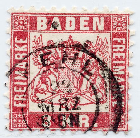 Baden MiNr. 24 o 3 Kreuzer / rosarot / Währung -gek.