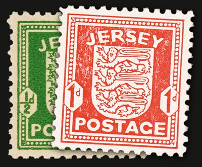 Dt. Besetzung Jersey (Kanalinseln) MiNr. 1+2 z ** z = gestrichenes Papier, Wappen, 2 W.