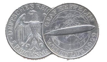 Dt.Reich Münze, 5 RM Graf Zeppelin - Weltflug 1929