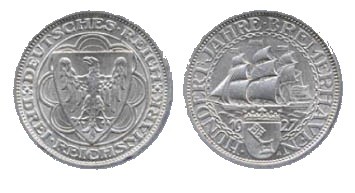 Dt.Reich Münze, 3 RM 100 Jahre Bremerhaven