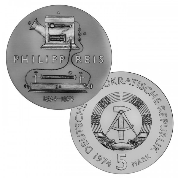 DDR Münze 1974, 5 M, st 100. Todestag Philipp Reis