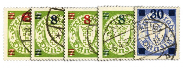 Freie Stadt Danzig MiNr. 240/42 o inkl. 241A+B, 5 Werte, mit farbigen Aufdrucken