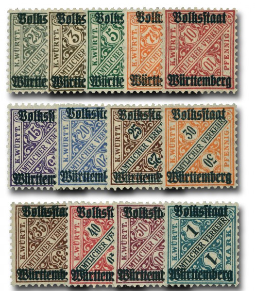 Württemberg Dienstmarken MiNr. 258/70 ** Wertziffern in Schildern mit Aufdruck